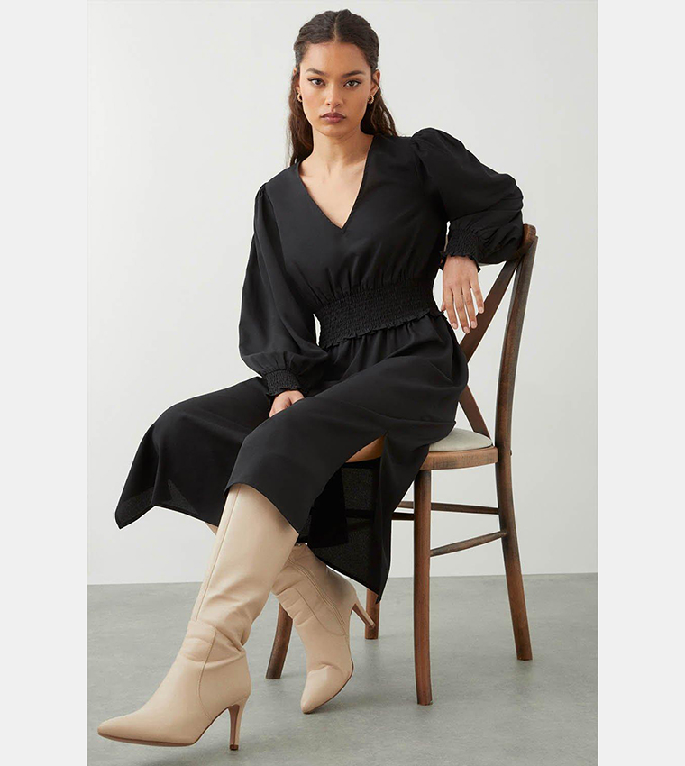 Black Shirred Waist Midi Dress