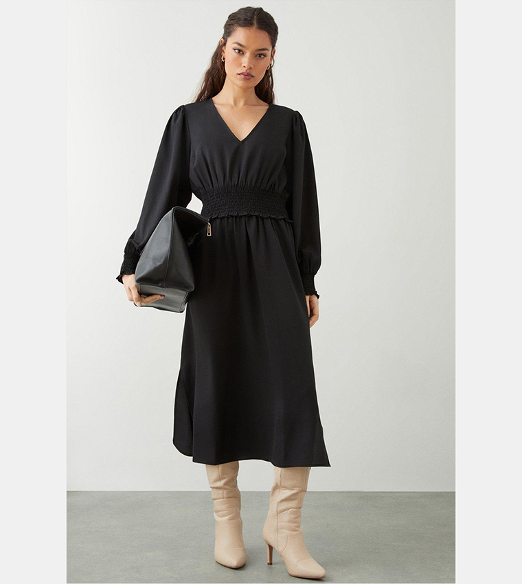 Black Shirred Waist Midi Dress