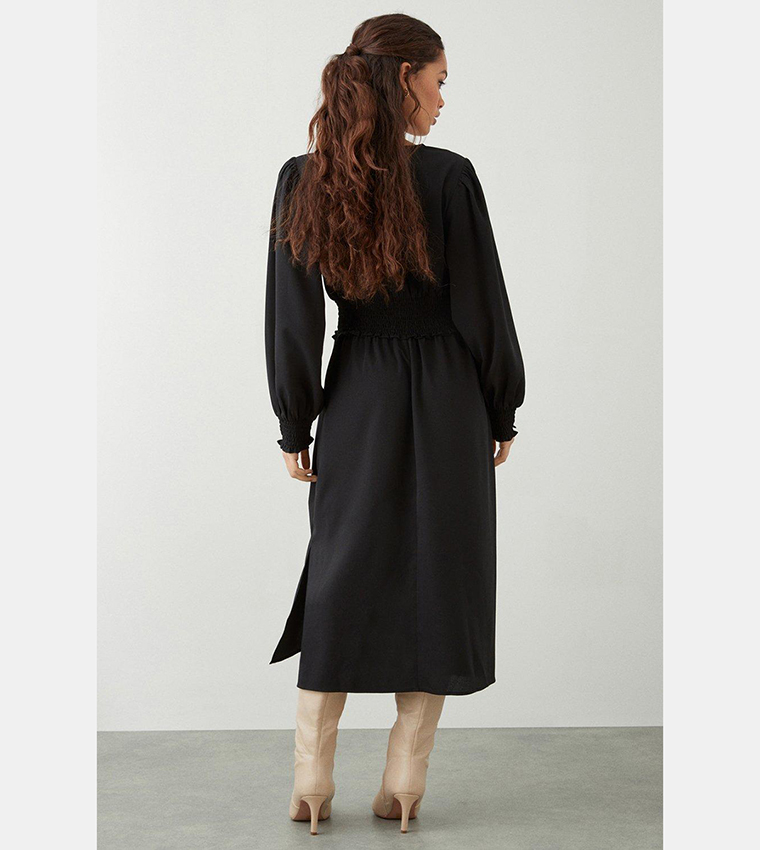 Black Shirred Waist Midi Dress
