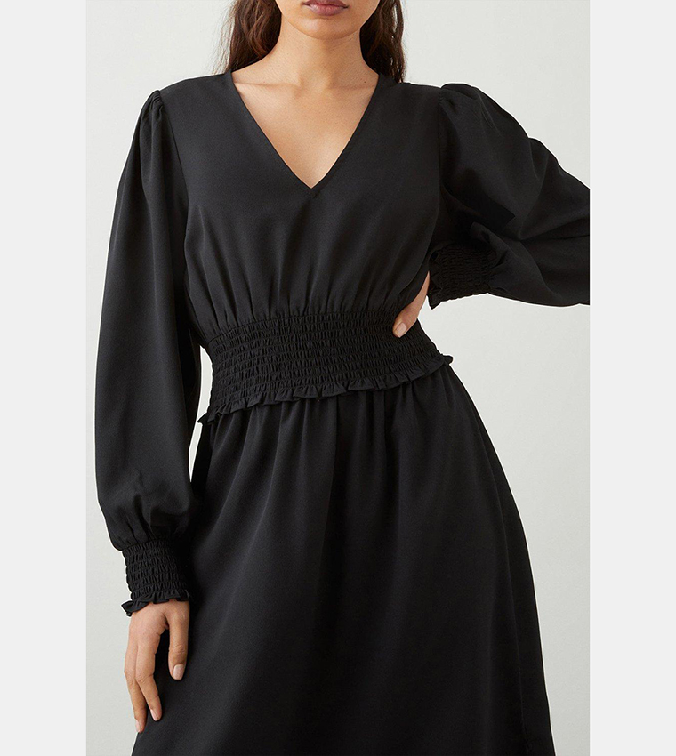Black Shirred Waist Midi Dress