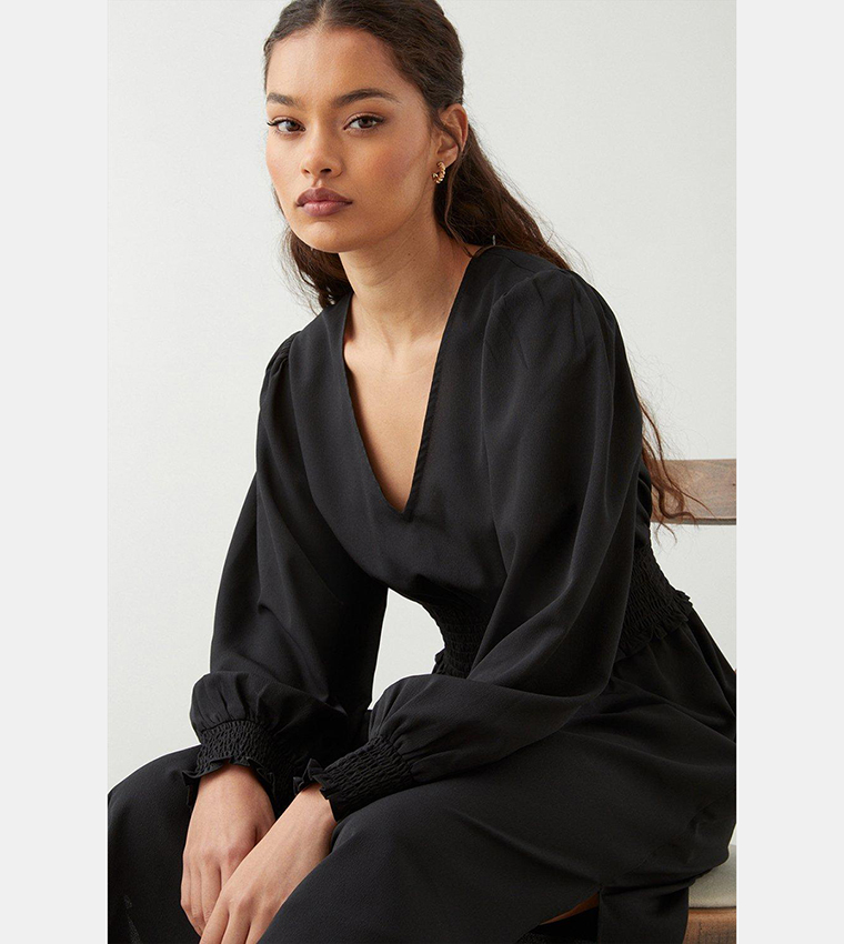 Black Shirred Waist Midi Dress