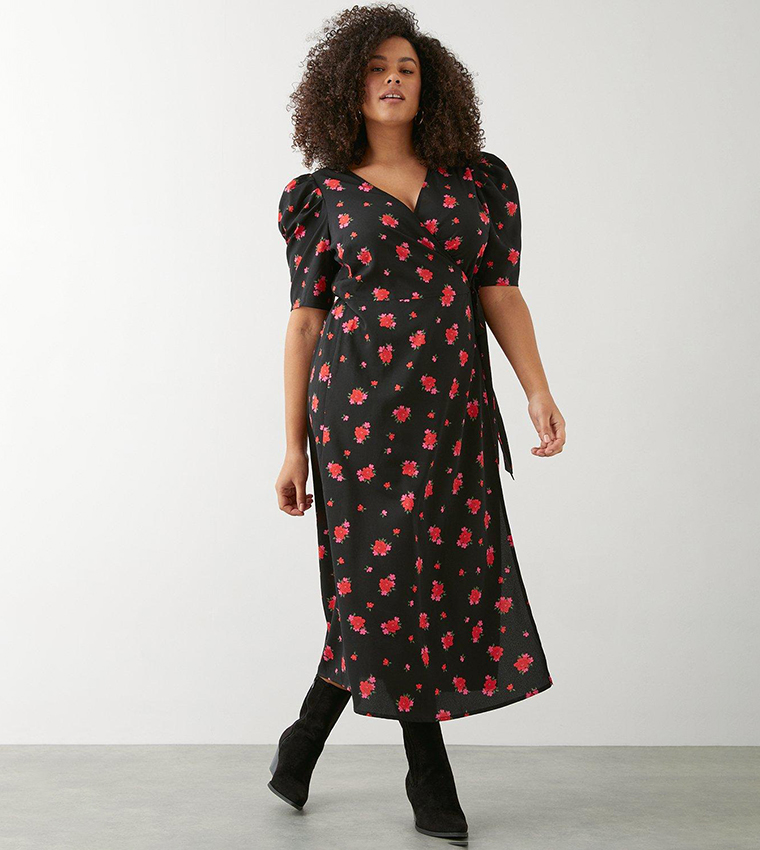 Buy Dorothy Perkins Curve Black Floral Wrap Midi Dress In Black | 6thStreet  Kuwait