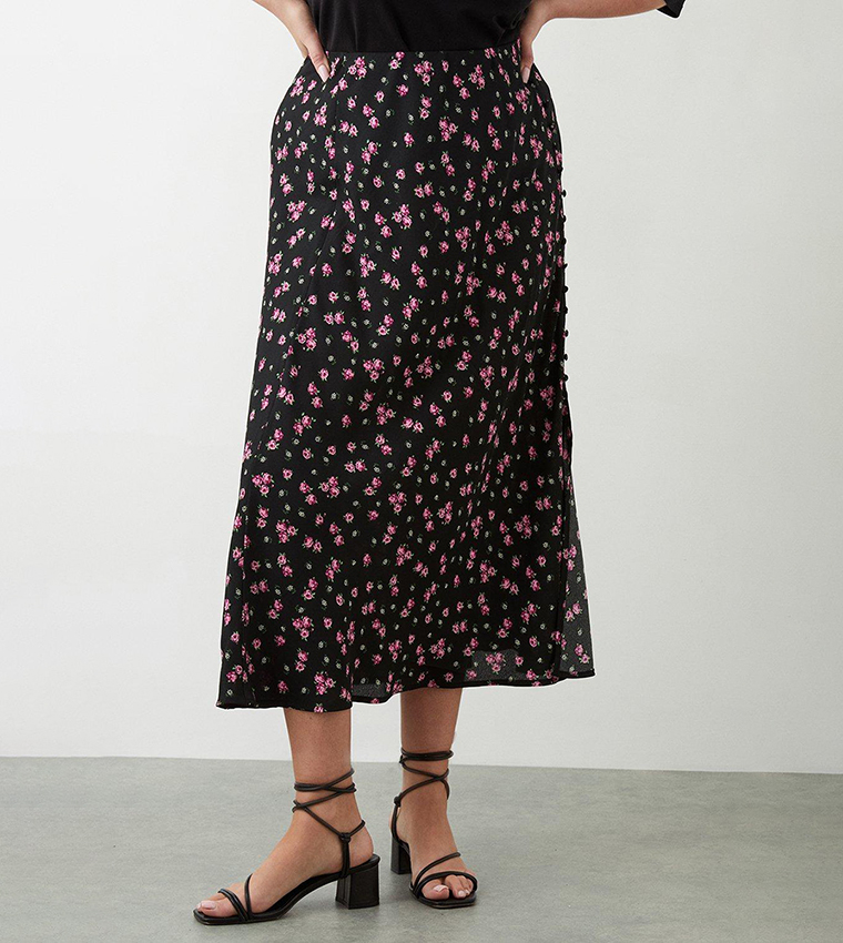 Buy Dorothy Perkins Curve Black Floral Split Midi Skirt In Black
