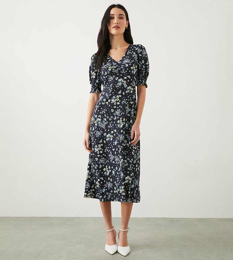 Navy Ditsy Shirred Cuff Midi Dress