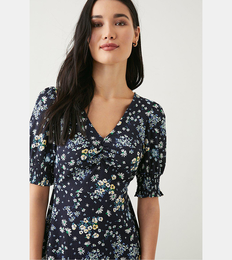 Navy Ditsy Shirred Cuff Midi Dress