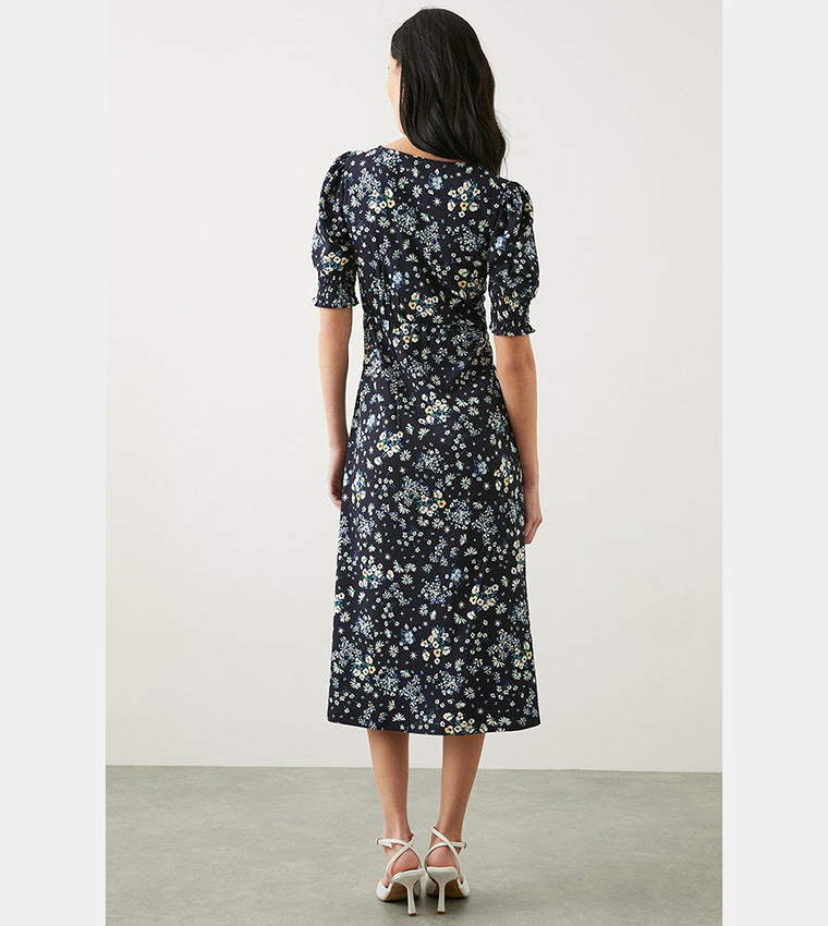 Navy Ditsy Shirred Cuff Midi Dress