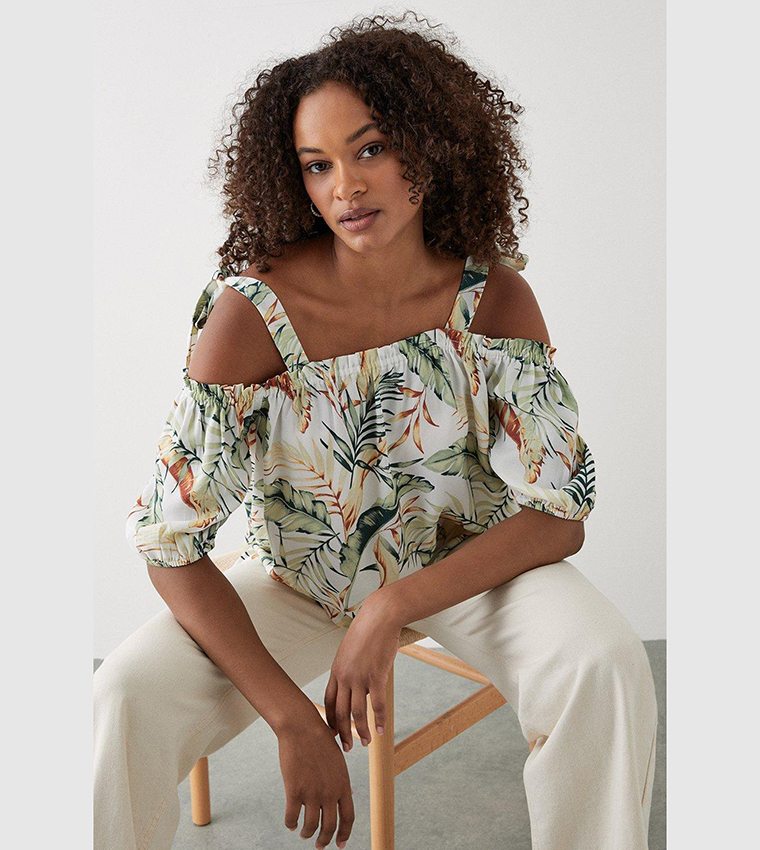 Tropical Tie Shoulder Bardot Top