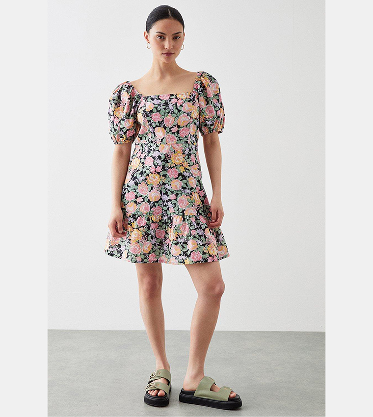 Buy Dorothy Perkins Black Floral Square Neck Puff Sleeves Mini Dress In  Black | 6thStreet Qatar