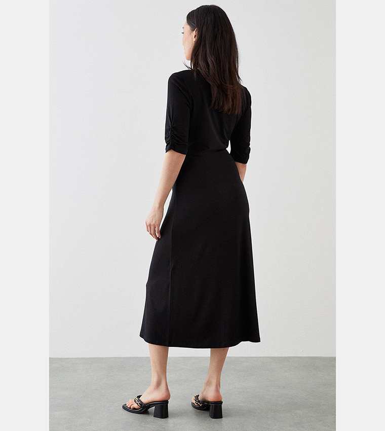 Buy Dorothy Perkins Black Ruched Sleeves Wrap Midi Dress In Black 6thStreet Oman