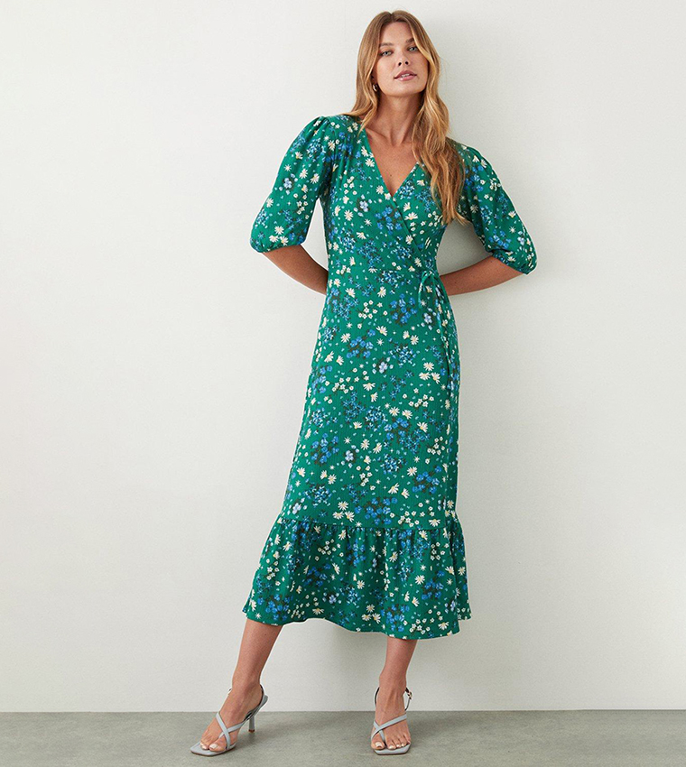 Buy Dorothy Perkins Green Ditsy Puff Sleeves Wrap Midi Dress In Green 6thStreet Qatar