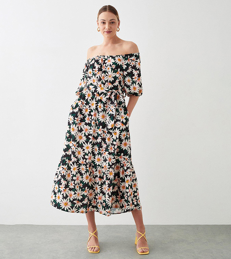 Tall Daisy Print Frill Hem Bardot Dress