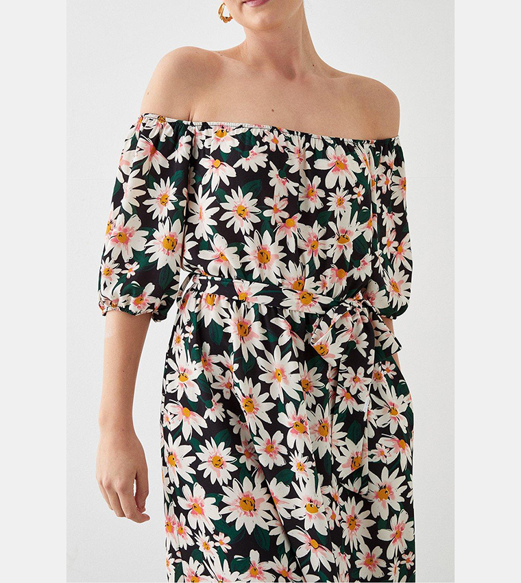 Tall Daisy Print Frill Hem Bardot Dress