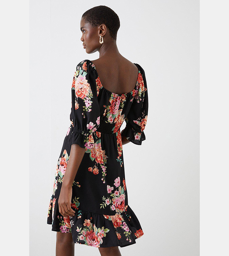 Buy Dorothy Perkins Tall Black Floral Print Shirred Waist