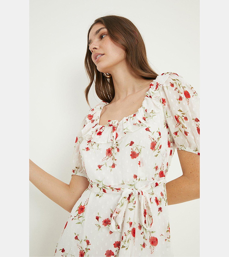 Buy Dorothy Perkins Ivory Square Neck Ruffle Detail Midi