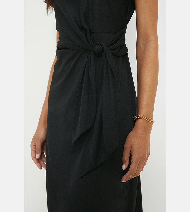 Black Tie Detail Short Sleeves Midi Dress