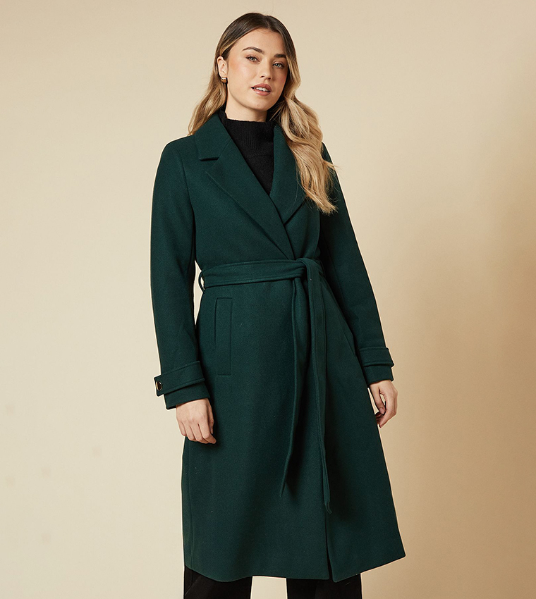 Buy Dorothy Perkins Outlet Long Sleeves Belted Coat In Green