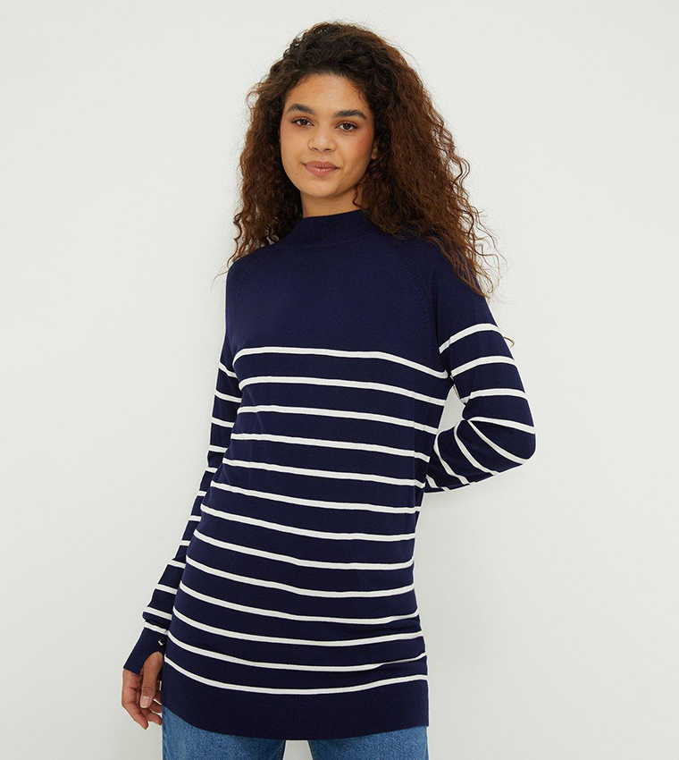 Buy Dorothy Perkins Striped Funnel Neck Tunic Sweater In Navy