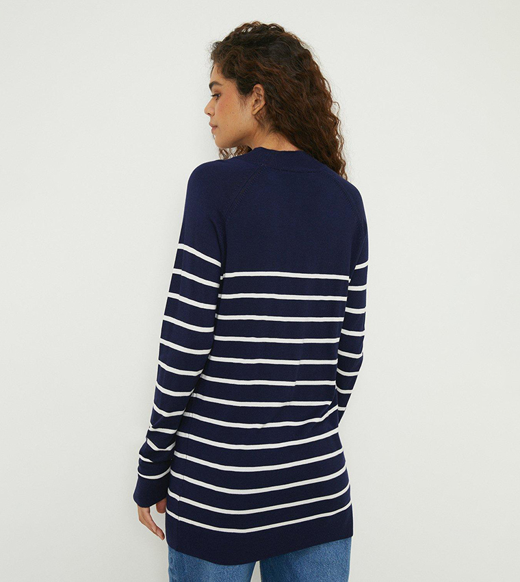 Buy Dorothy Perkins Striped Funnel Neck Tunic Sweater In Navy