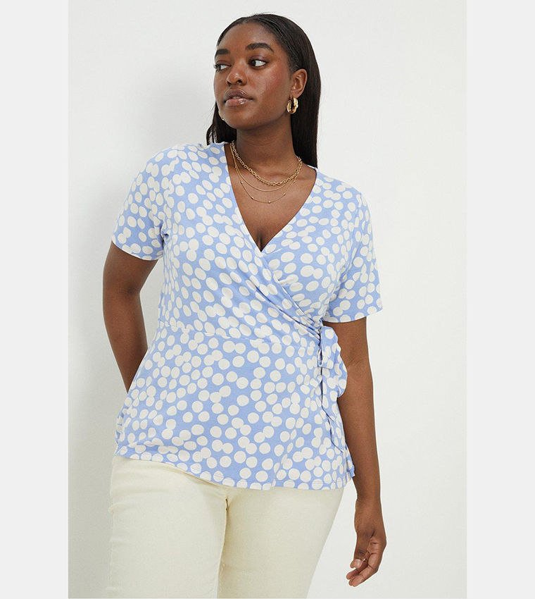 Buy Dorothy Perkins Curve Blue Spot Wrap Top In Blue