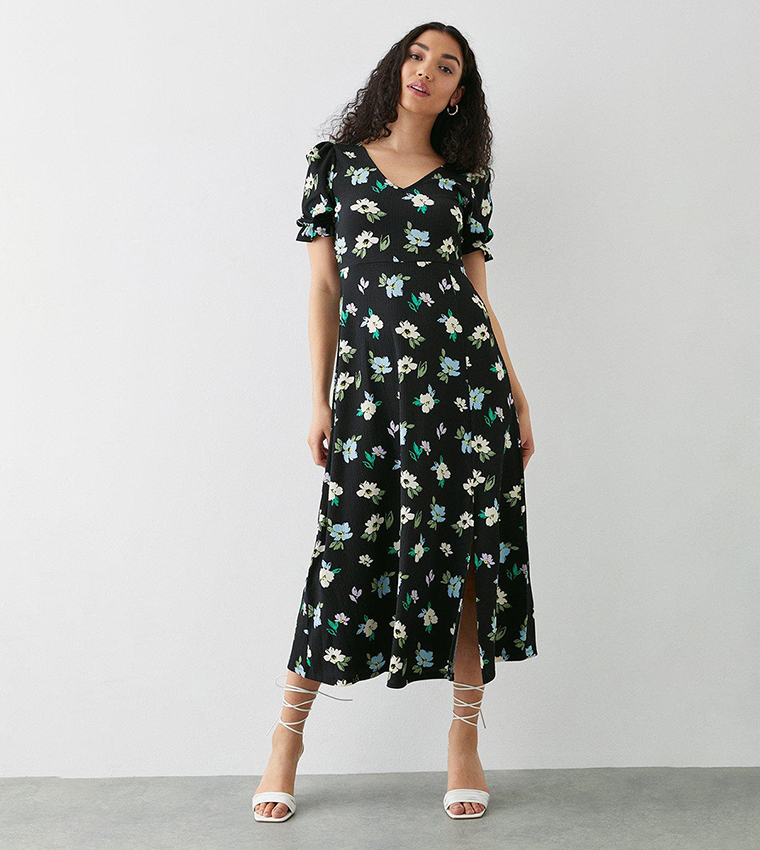 Buy Dorothy Perkins Floral Print Short Sleeves V Neck Midi Dress In Black 6thStreet Kuwait