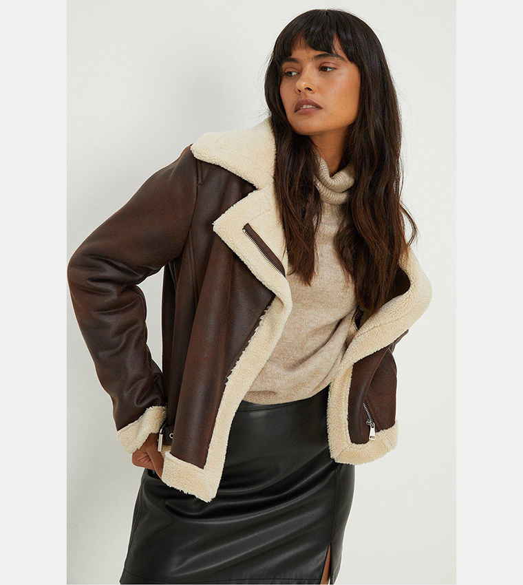 Buy Dorothy Perkins Short Shearling Aviator Jacket In Brown