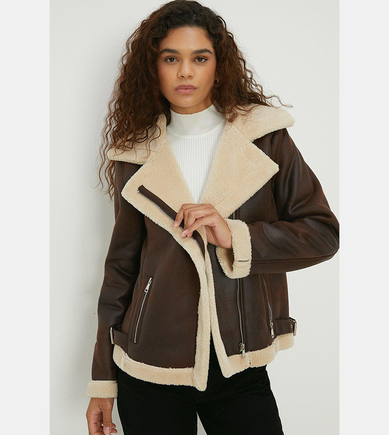 Buy Dorothy Perkins Tall Short Shearling Aviator Jacket In Brown 6thStreet Kuwait