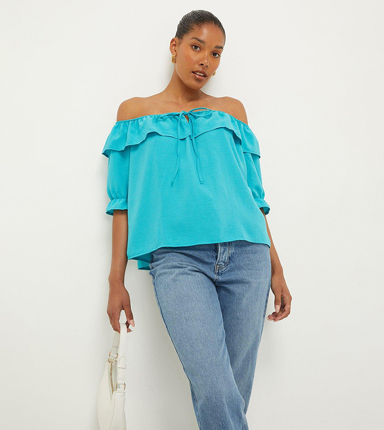 Buy Dorothy Perkins Ruffle Bardot Top In Blue 6thStreet Bahrain