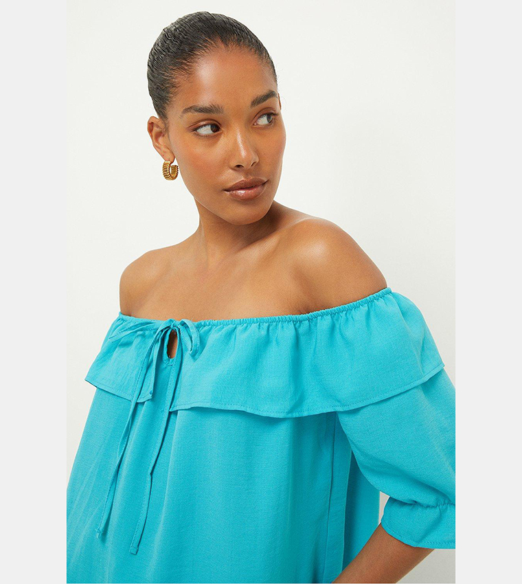 Buy Dorothy Perkins Ruffle Bardot Top In Blue 6thStreet Bahrain