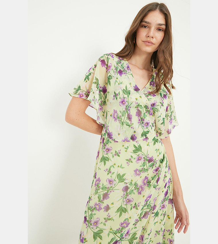 Buy Dorothy Perkins Lemon Floral Cape Wrap Chiffon Midi Dress In Yellow 6thStreet Qatar