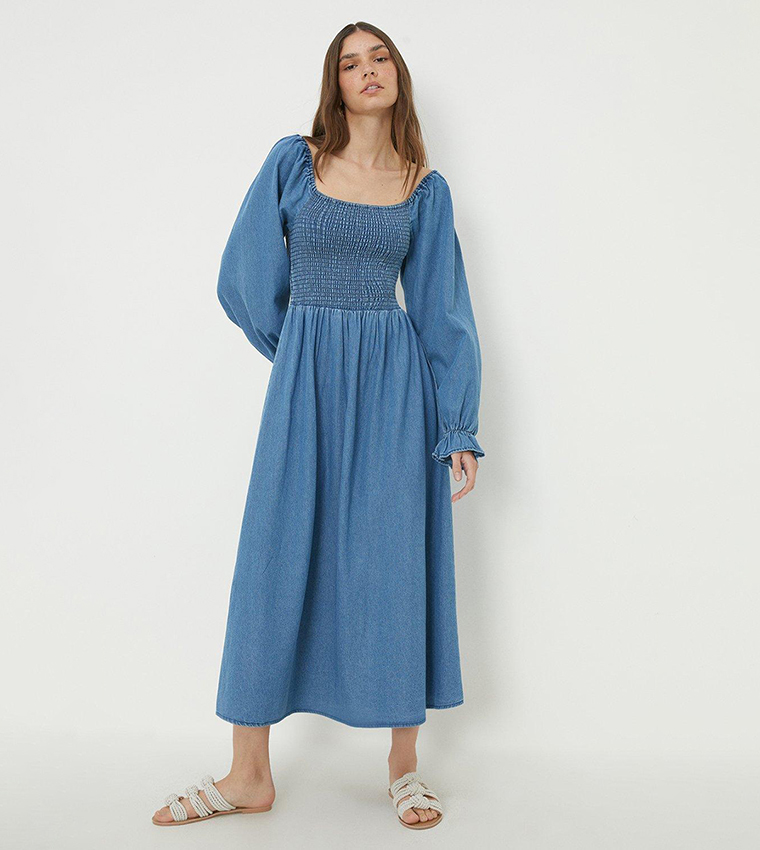 white christmas dresses Mid-Wash Denim Shirred Faith Midi Dress main image 1