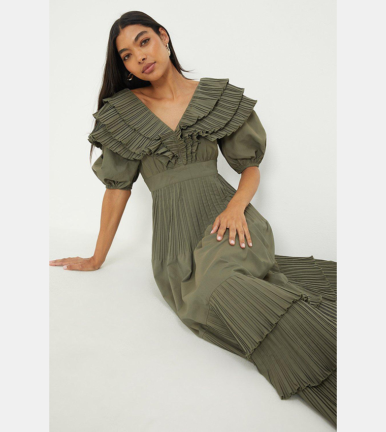 Buy Dorothy Perkins Tiered Pleated Midi Dress In Khaki 6thStreet Oman