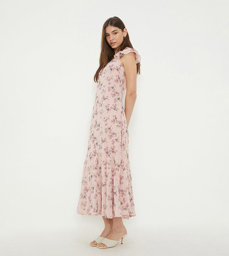 Buy Dorothy Perkins Floral Print Chiffon Ruffle Sleeves Midi Dress In Pink