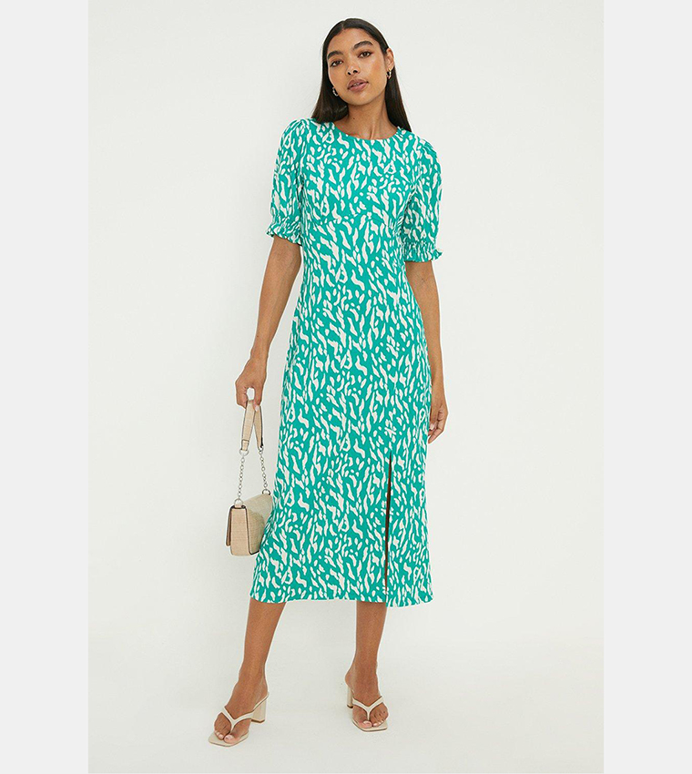 Buy Dorothy Perkins Green Abstract Shirred Cuff Side Split Midi Dress In Green 6thStreet Oman