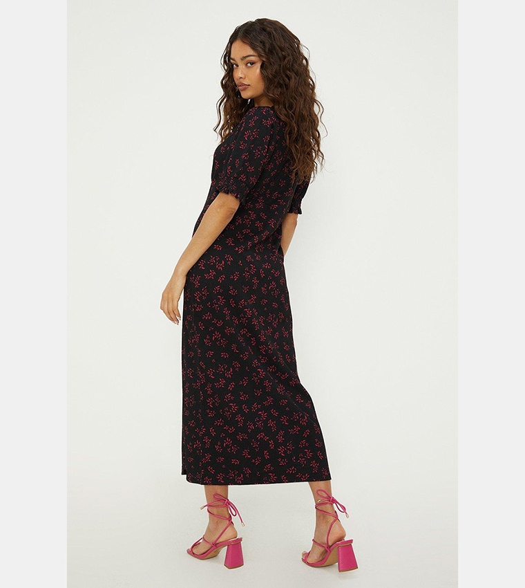 Buy Dorothy Perkins Ditsy Shirred Cuff Side Split Midi Dress In