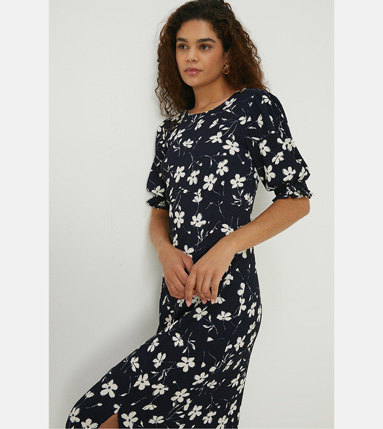 Buy Dorothy Perkins Tall Navy Floral Shirred Cuff Side Split Midi Dress ...