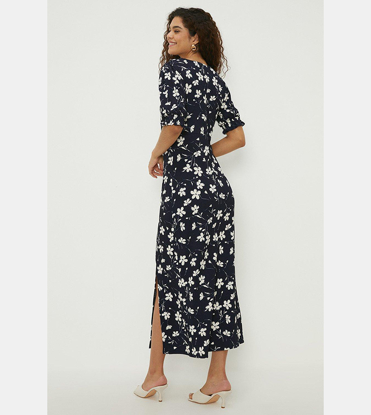 Buy Dorothy Perkins Tall Navy Floral Shirred Cuff Side Split Midi Dress In Navy 6thstreet Kuwait 6392