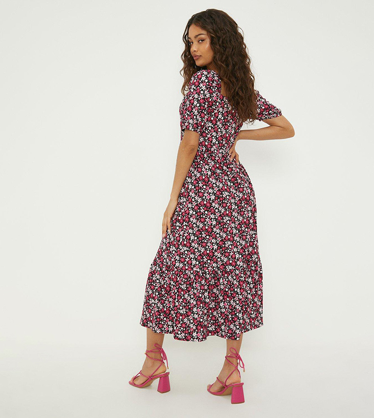 Pink Ditsy Square Neck Tiered Midi Dress