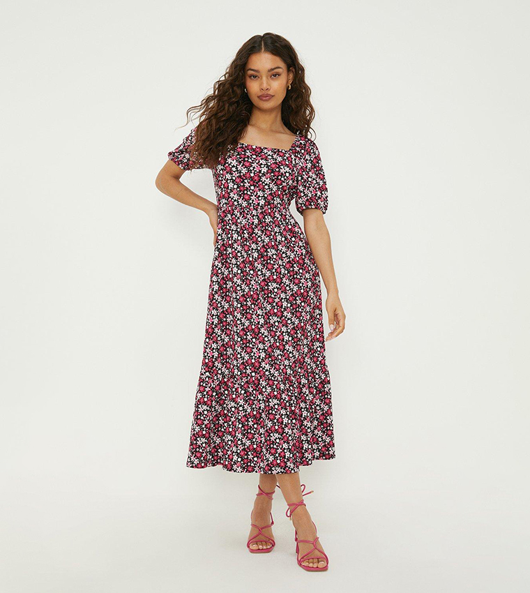 Pink Ditsy Square Neck Tiered Midi Dress