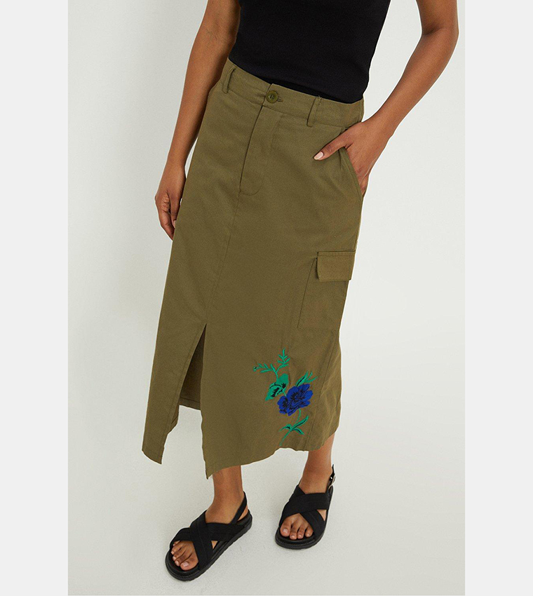 Buy Dorothy Perkins Embroidered Utility Pocket Midi Skirt In Khaki 6thStreet Bahrain