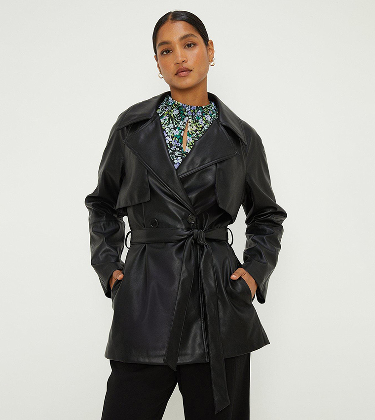 Buy Dorothy Perkins Faux Leather Short Trench Coat In Black | 6thStreet ...