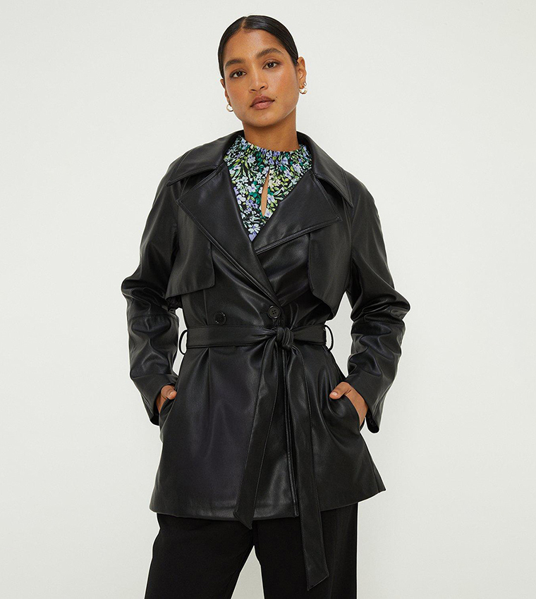 Leather trench hot sale coat short