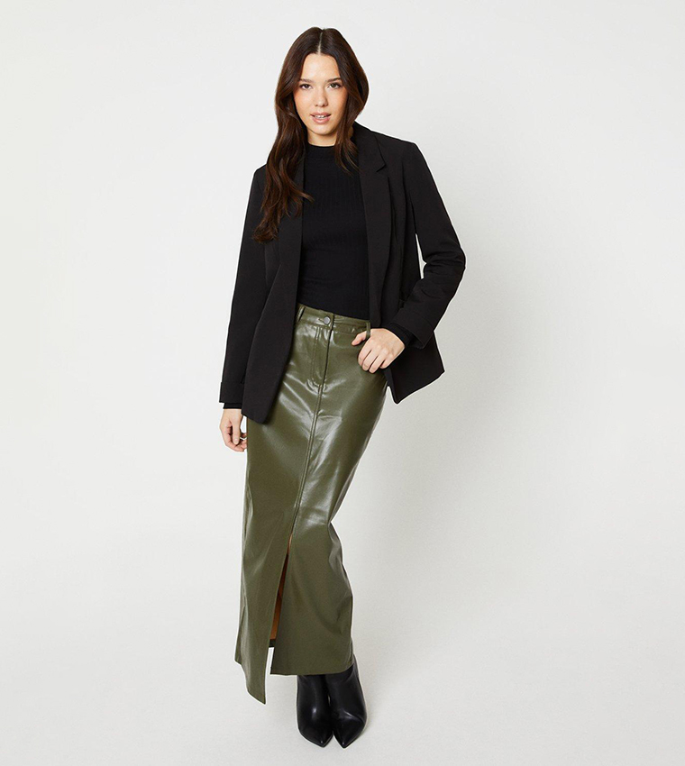 Buy Dorothy Perkins Faux Leather Split Midi Skirt In DARK OLIVE 6thStreet Kuwait