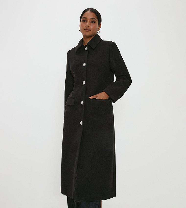 Buy Dorothy Perkins Longline Cinched Waist Diamante Trim Coat In Black 6thStreet Kuwait