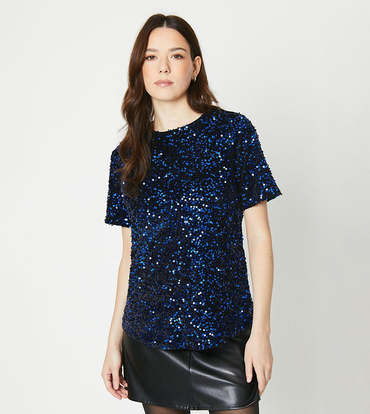 Buy Dorothy Perkins Sequins Short Sleeves Top In COBALT