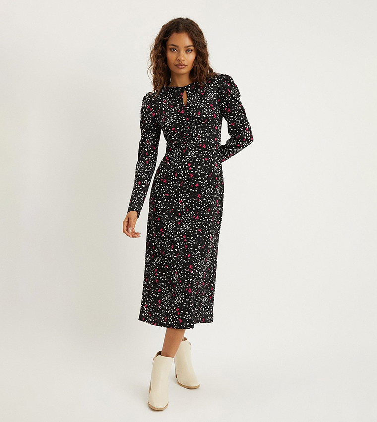 Buy Dorothy Perkins Black Spot Shirred Bodice Long Sleeves Midi Dress ...