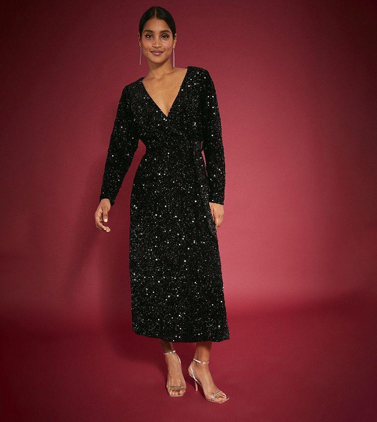 dorothy perkins sequin dress Bronze Dorothy Perkins DP Luxe Multi Sequin Wrap Belted Midi Dress