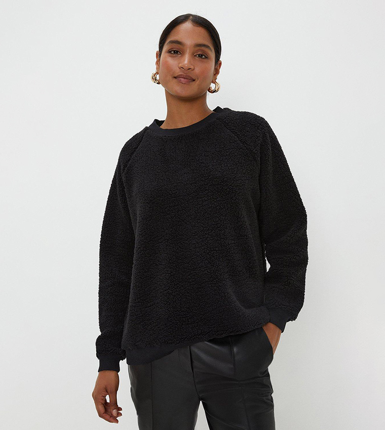 Buy Dorothy Perkins Crew Neck Rib Collar Borg Sweatshirt In Black 6thStreet Kuwait