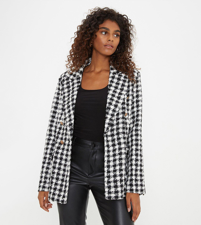 Buy Dorothy Perkins Dogtooth Double Breasted Blazer In White ...