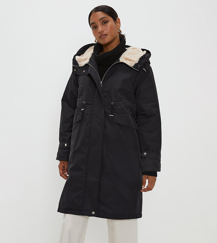 Buy Dorothy Perkins Longline Contrast Faux Fur Parka Coat In Black ...