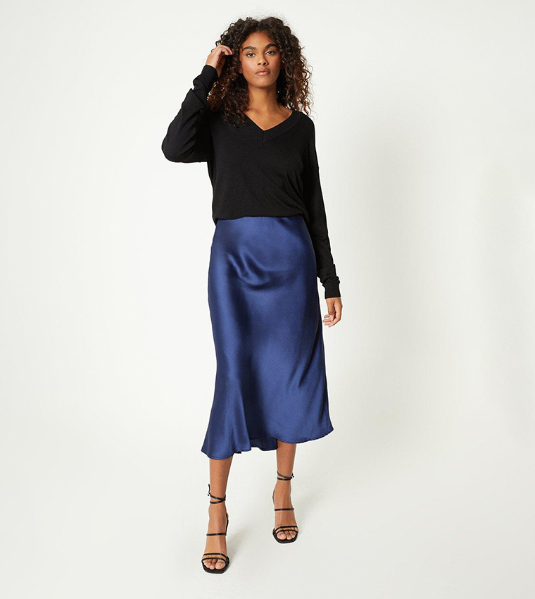 Satin bias outlet midi skirt navy